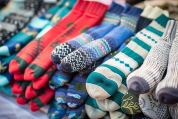 group of mismatched socks on sale clearance table