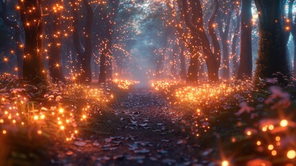 Fantasy forest with magical glow. Night forest with magical glow. Abstract forest, magic, fantasy, lighting, neon. 3D illustration. 3D render.
