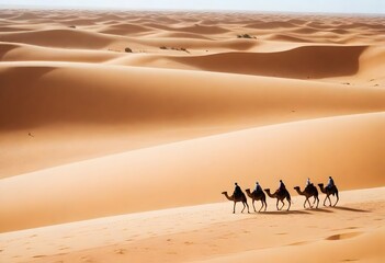 A caravan of camels led by a person in desert 