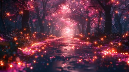 Fantasy fairy forest. Night forest landscape with magical glow. Forest, magic, fantasy, night, lights, neon. 3D illustration.