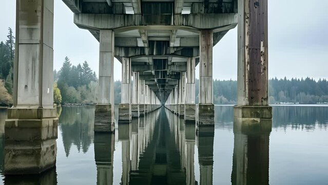 Massive concrete supports rise from the depths bearing the weight of a grand bridge that links two distant landscapes.