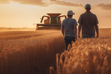 A farmer walks with his son through the wheat fields to teach him the profession - 763900755