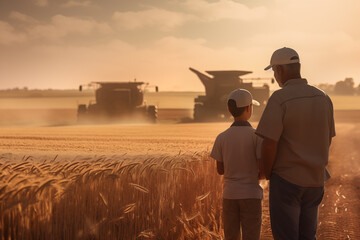 A farmer walks with his son through the wheat fields to teach him the profession - 763900758