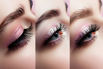 Three different views of a woman's eyes with long lashes. the woman's eyes closed, her eyes open with mascara. top trends in the design of this season's false eyelashes. Multiple collective image.