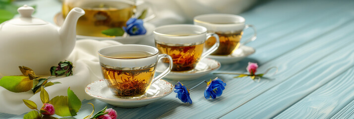 Banner with a morning tea session. Two cups of freshly brewed tea, accompanied by a white teapot, rest on a wooden table adorned with a blue cloth. Concept with copy space - 763900922