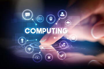 Finger touching tablet with web technology icons concept