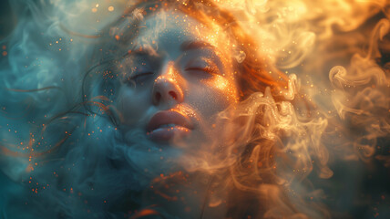 Woman enveloped by fire and smoke - obrazy, fototapety, plakaty