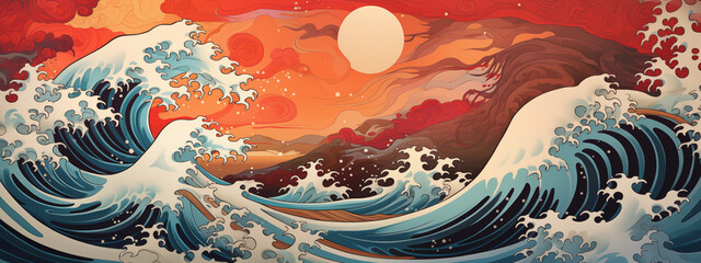 Sunset Ocean Waves with Red Sky and Silhouette