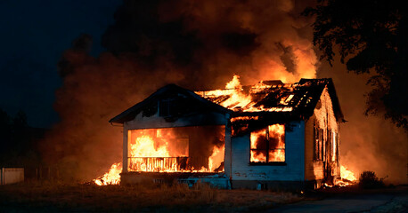 Burning house at dusk, impactful for use in fire safety education and emergency preparedness materials.