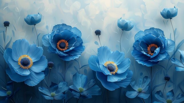 A raster illustration of beautiful blue flower arrangements. A botanical garden, a fine art painting, a 3D artwork background.
