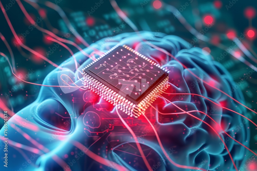 Poster Conceptual image of a brain with a circuit chip, symbolizing AI integration