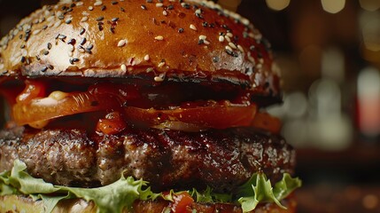 savory and juicy a gourmet spicy hamburger takes center stage on a restaurant table in this...