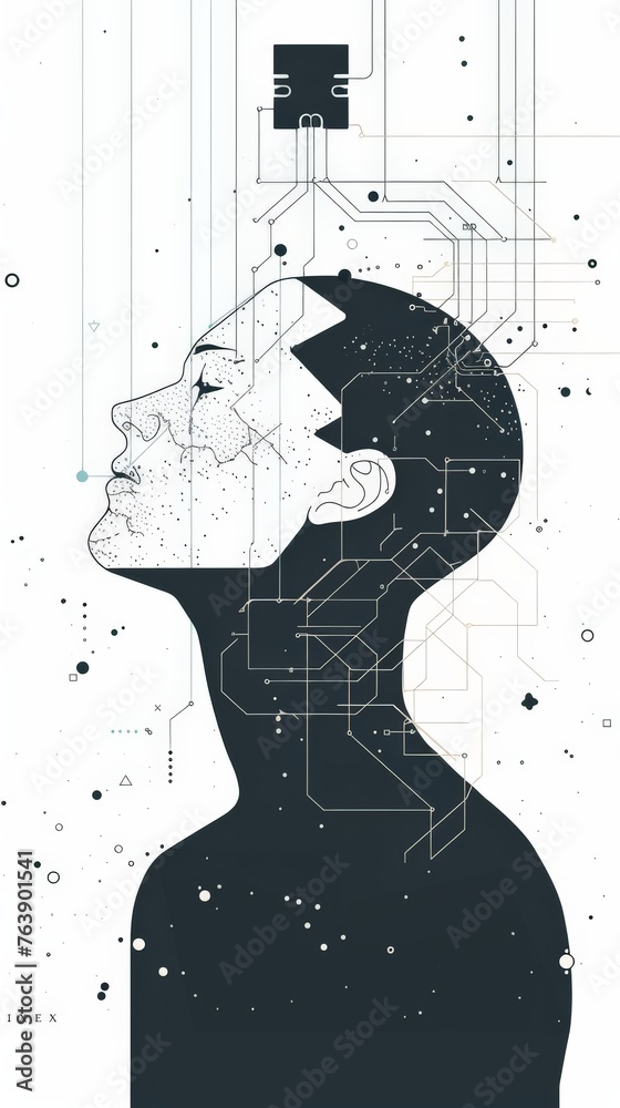 Poster abstract profile of a human head with circuitry, concept of neuralink technology
