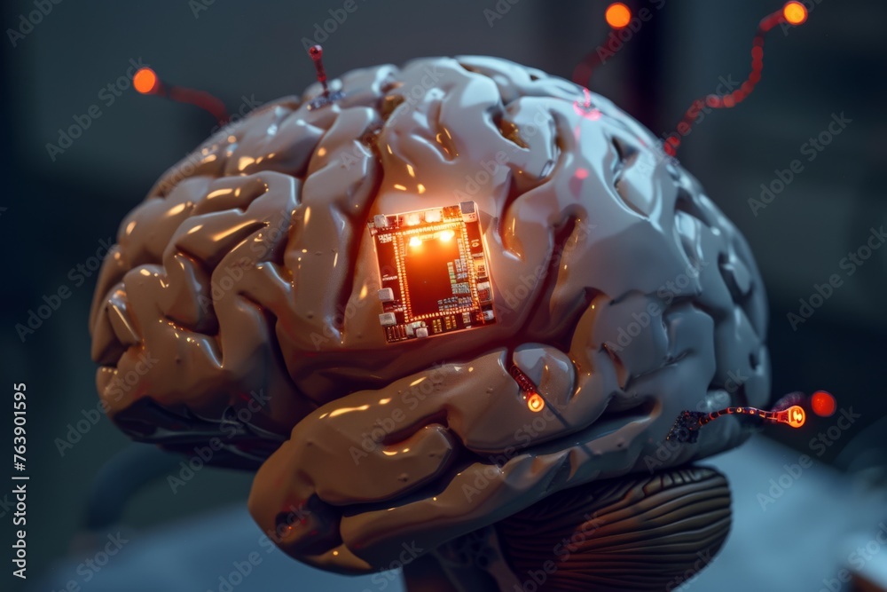Poster Artistic concept of a neuralink chip implanted in a brain with neural lights