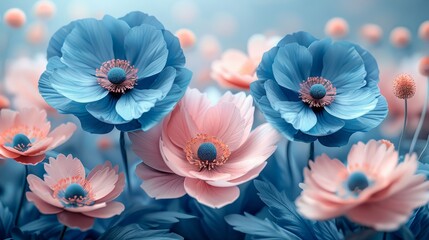 Blue and pink flowers arranged in a raster illustration. 3D background.
