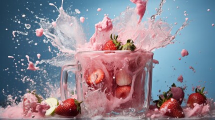 Surreal oversized glass full of delicious and refreshing strawberry juice with visible ice cubes - obrazy, fototapety, plakaty