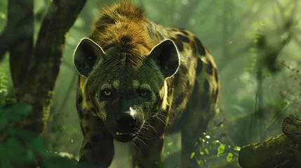 Foto op Plexiglas closeup of a wild hyena prowling through the forest, a glimpse into its predatory behavior © CinimaticWorks