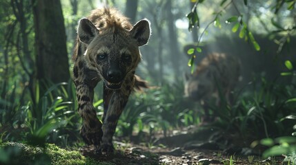 closeup of a wild hyena walking in forest, captured in its natural habitat - obrazy, fototapety, plakaty