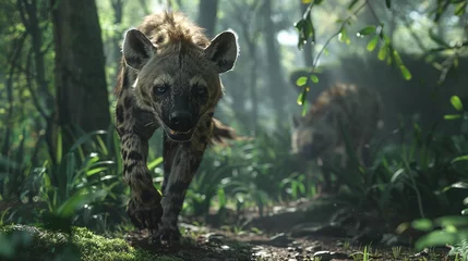Wandcirkels aluminium closeup of a wild hyena walking in forest, captured in its natural habitat © CinimaticWorks