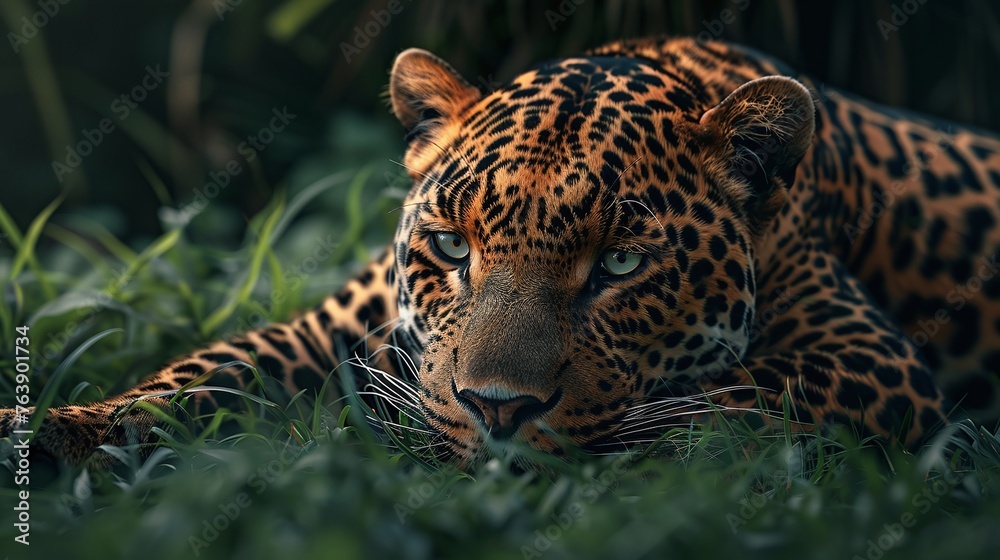 Wall mural closeup of a wild male leopard face resting on grass in forest capturing the essence of wildlife ser