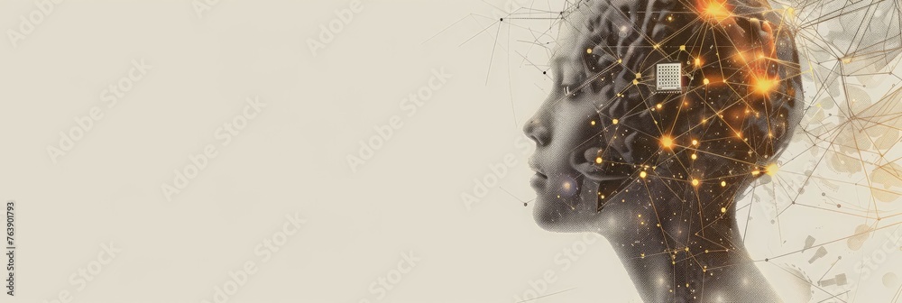 Poster Profile of a person with a neural chip integration, symbolic of AI's future