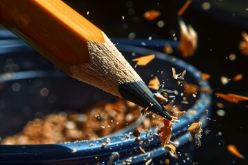 pencil being sharpened over trash bin, shavings falling - obrazy, fototapety, plakaty