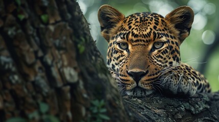 Obraz premium male leopard lounging in the forest captured in a closeup that highlights the predator's peaceful side
