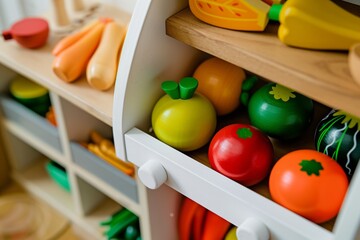 wooden fruit and vegetables in a toy kitchen