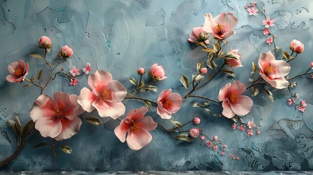 Photo wallpaper with watercolor flowers on a textured background in pastel colors, perfect for rooms or home interiors. 3D rendering....