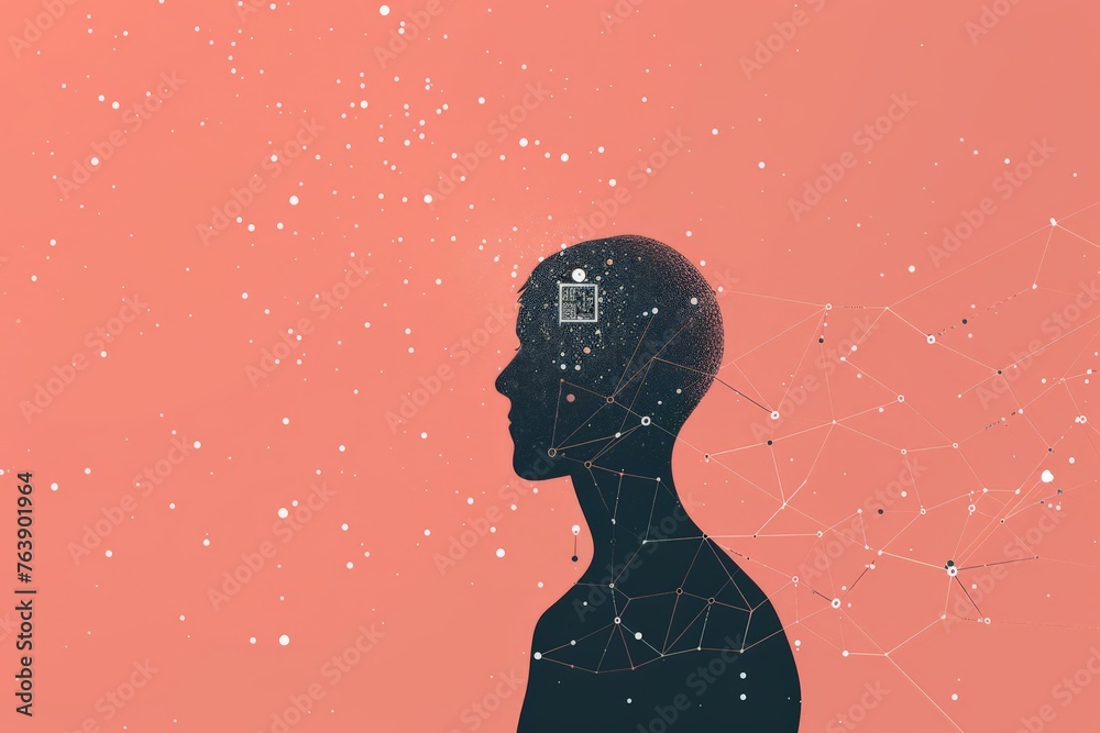 Poster Side view of a human head with a neuralink chip against an abstract backdrop
