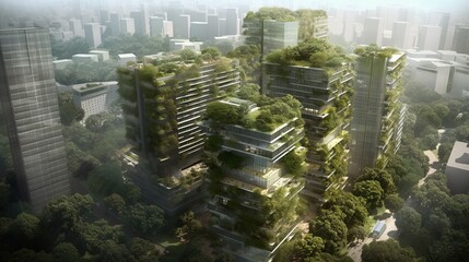 Fototapeta na wymiar Twin green high-rise buildings amidst a cityscape, showcasing vertical gardens and the integration of nature into urban living