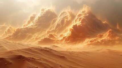 Fantasy desert landscape with clouds and sand storms. 3D rendering. Raster illustration... - obrazy, fototapety, plakaty