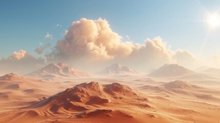 3D rendering of fantasy desert landscape with a sandstorm and sand clouds. Raster illustration.