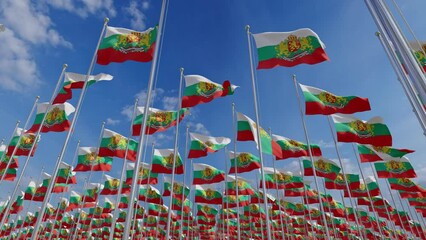 Flags of Bulgaria with Coat of Arms. 3D Rendering. Bulgaria national flags waving in beautiful sky. The symbol of the state on wavy silk fabric. Symbol of patriotism and freedom.