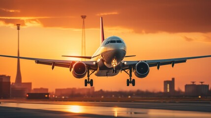 Large jetliner taking off from airport at sunset with landing gear down and blurred background - obrazy, fototapety, plakaty