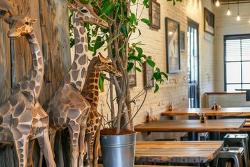 wooden giraffe statues beside rustic cafe tables - obrazy, fototapety, plakaty