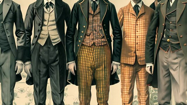 A series of images depicting the evolution of mens fashion from the tailored suits and top hats of the 19th century to the more casual and relaxed styles seen in the 1960s