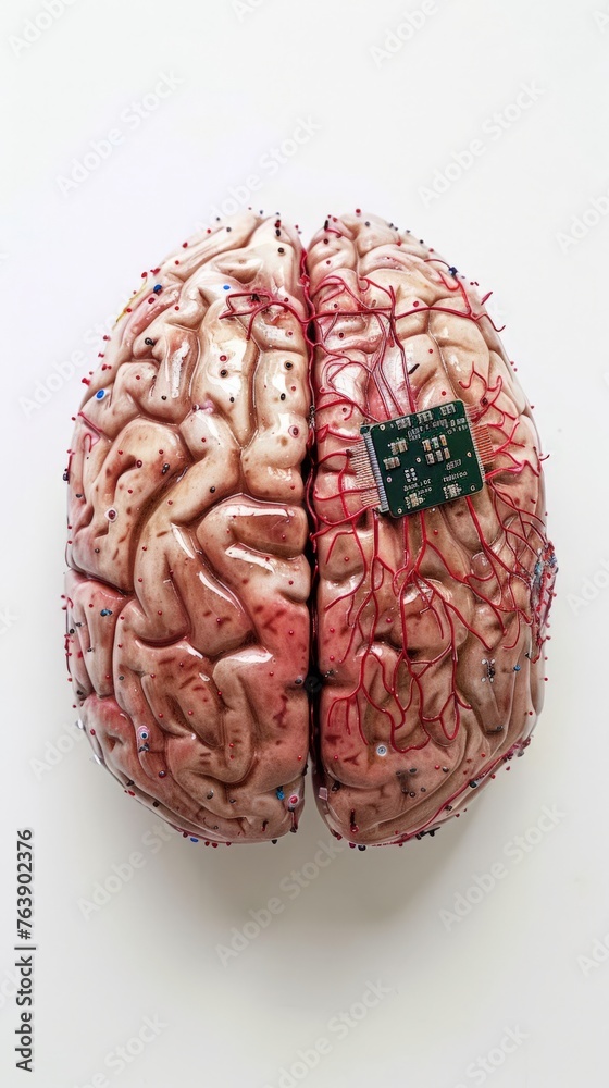 Poster human brain with microchip implant and vascular network on white background