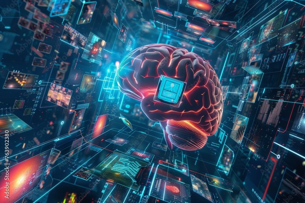 Aufkleber Brain with neuralink chip in a dynamic digital environment, AI and technology