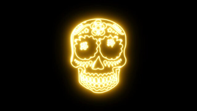 Seamless animation of a crazy mexican skull with yellow neon. Funny Halloween background with fluorescent effect for parties and events.