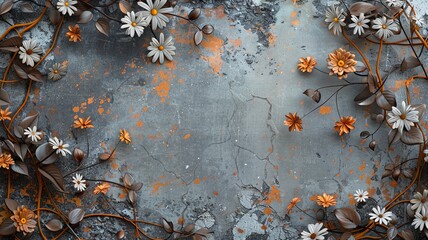 Obraz premium Gray and orange concrete grainy wall surface background. Intricate creative floral frame with daisy's. Vignette fantasy daisy frame. Twigs, branches, leaves, ivy, vines intertwined with lush flowers