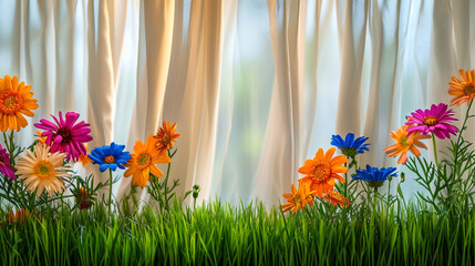 spring flowers and grass with curtains 