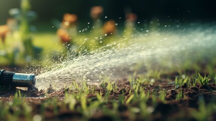 Automatic lawn sprinkler watering green grass, garden irrigation system, water saving - obrazy, fototapety, plakaty