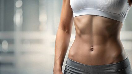 Fototapeta na wymiar Slim woman , showcasing fitness and healthy lifestyle, with focus on her toned abdomen and waist