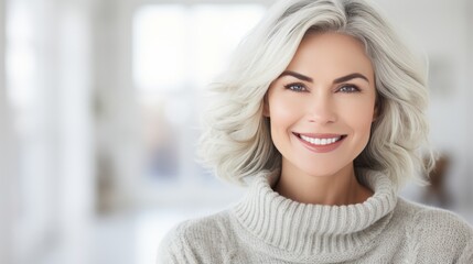 Fototapeta premium Happy beautiful middle-aged woman posing in front of blurred white living room background
