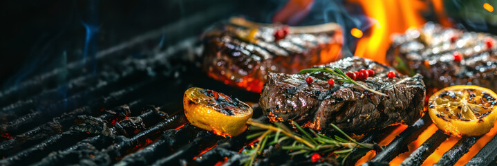 beef steak meat on barbecue barbeque grill with lemon and rosemary, background banner with copy space