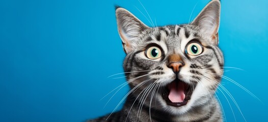A very surprised cat with wide open eyes and mouth on a blue background