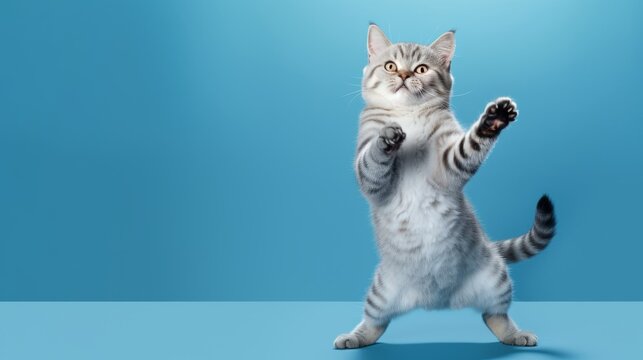 The cat stands on its hind legs and dances