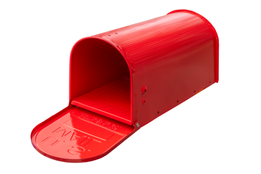 Red open US post mail letter box isolated