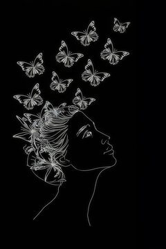 linear image of a woman with butterflies on a black background